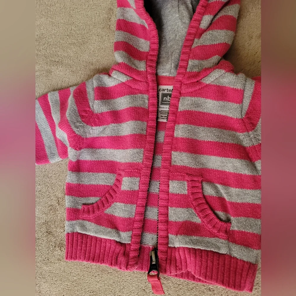 Carter's Pink & Grey Striped Hoodie Sweater  with 2 Pockets Size Newborn - Picture 4 of 5